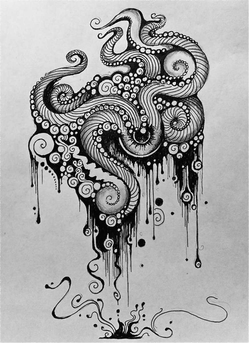 Unusual black patterned octopus in smudges tattoo design
