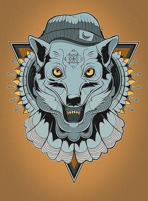 Unusual blue-color wolf hipster tattoo design