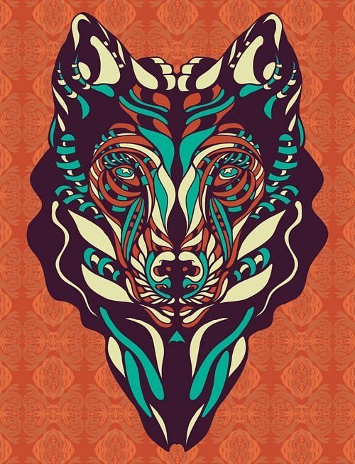 Unusual brown-and-turquoise wolf portrait tattoo design