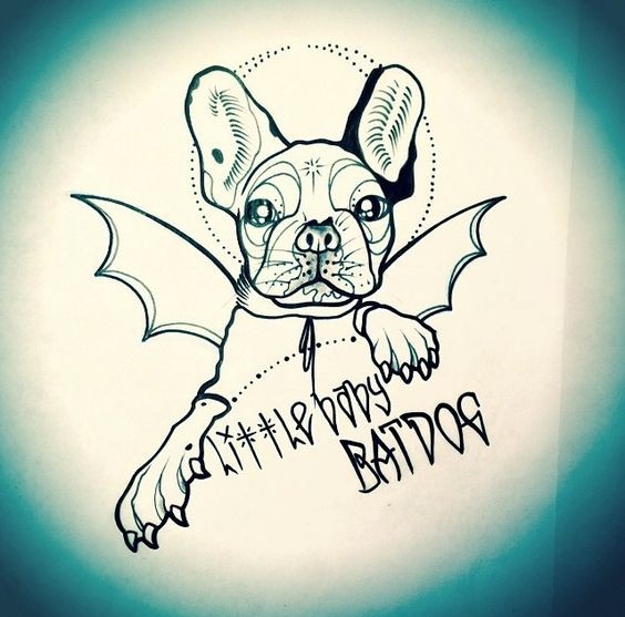 Unusual bulldog with bat wings and lettering tattoo design
