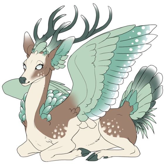 Unusual cartoon deer pegasus with horns and green wings tattoo design