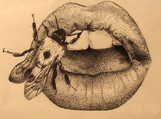 Unusual dotwork bee trying to get into girls mouth tattoo design