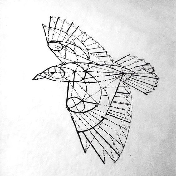 Unusual geometric flying raven tattoo design