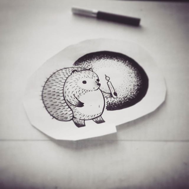 Unusual grey-ink hedgehog with candle and big ball tattoo design