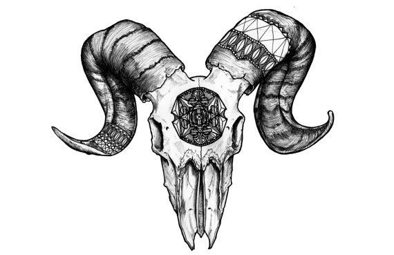 Unusual grey-ink ram skull with ornaments tattoo design