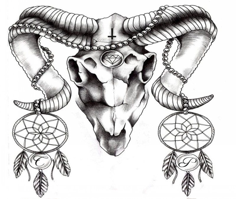 Unusual grey ram skull with dream catchers tattoo design
