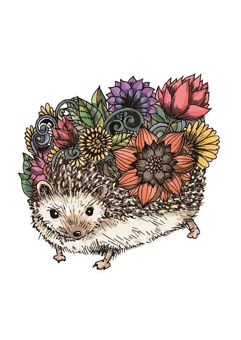 Unusual hedgehog with flowered back tattoo design