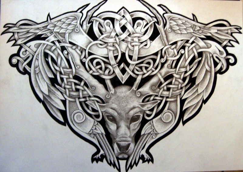 Unusual iron celtic deer with birds tattoo design