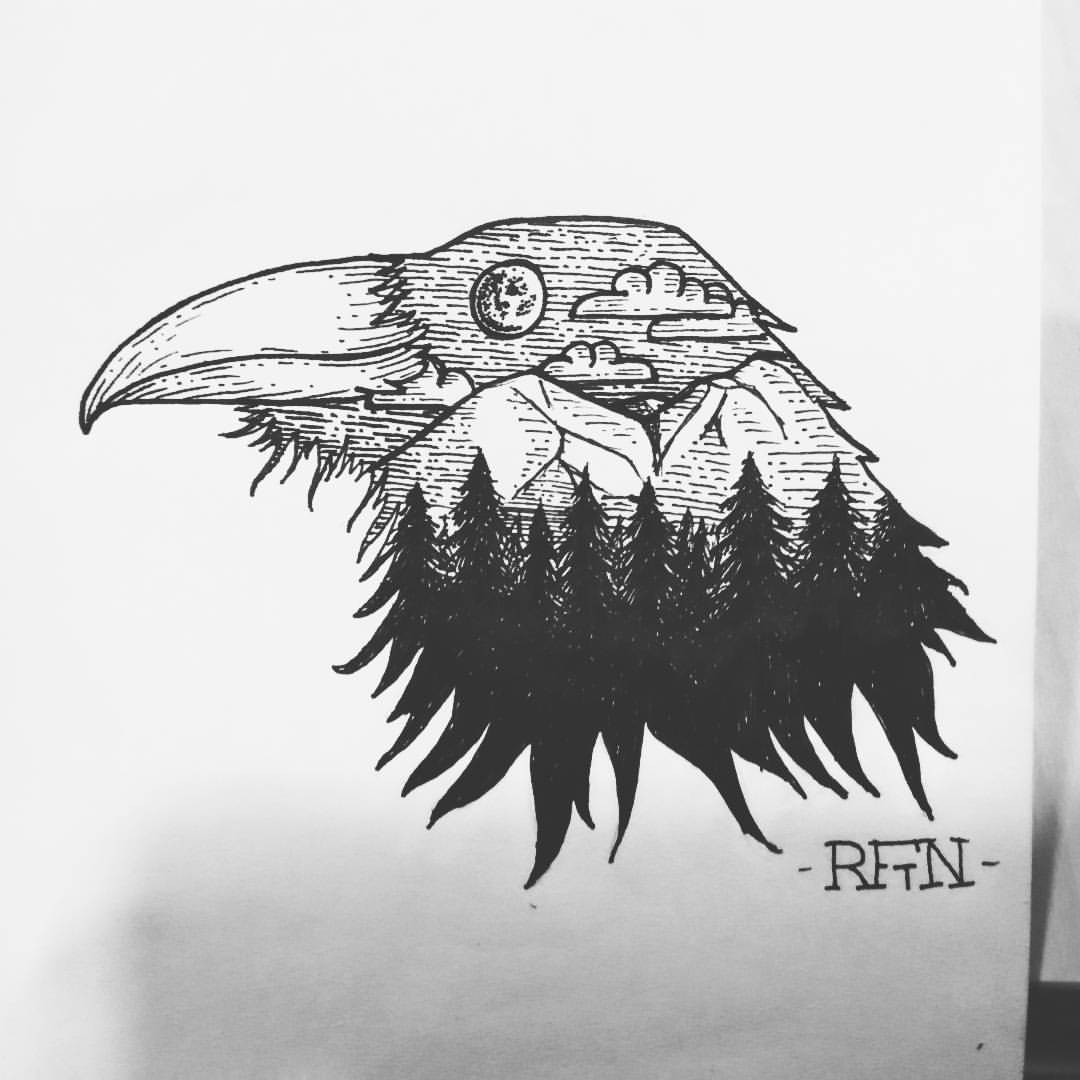 Unusual raven head with forest view tattoo design