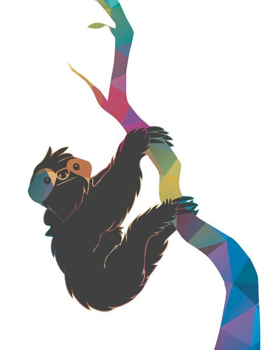 Unusual sloth hanging on multicolor tree branch tattoo design