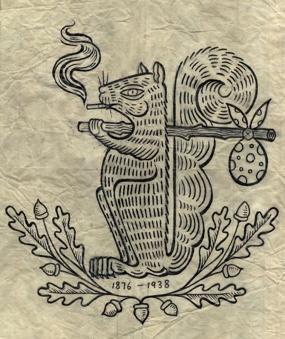 Unusual uncolored smoking squirrel traveller with oak branches decoration tattoo design