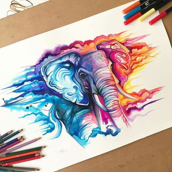 Unusual watercolor elephant in waves tattoo design