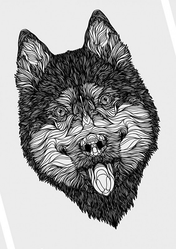 Unusual wolf head with hanging tongue tattoo design