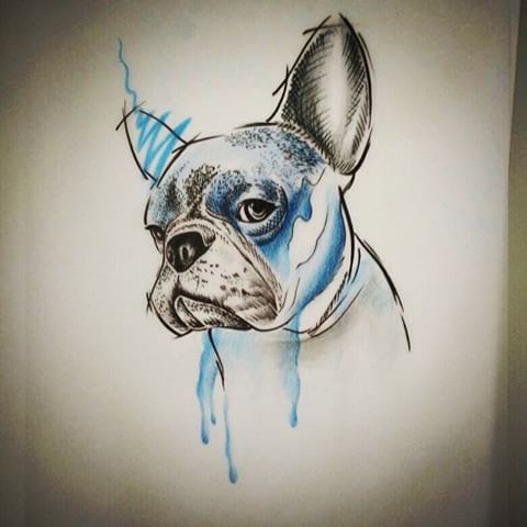Upset grey-and-blue bulldog portrait tattoo design