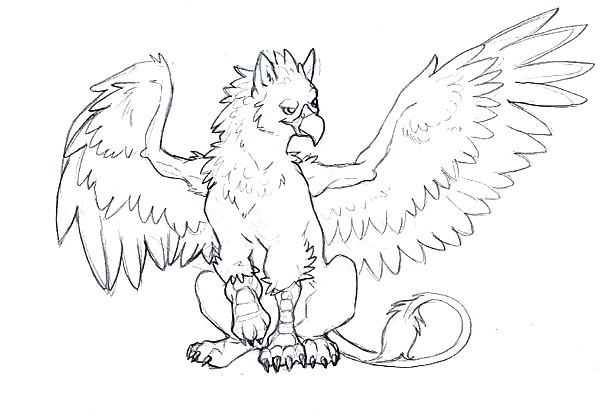Very nice uncolored sitting griffin in cartoon style tattoo design by Aureath
