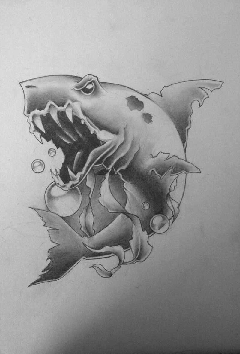Vicious black-and-white shark with bubbles tattoo design