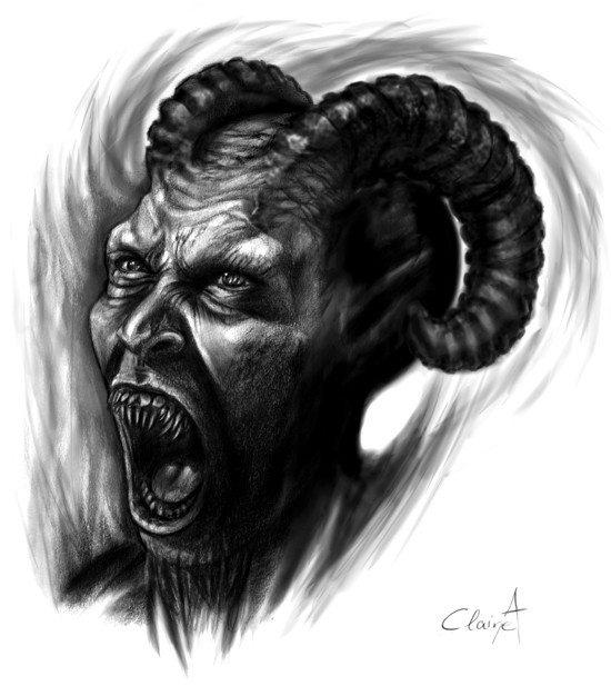 Vicious black-ink crying demon with curly horns tattoo design