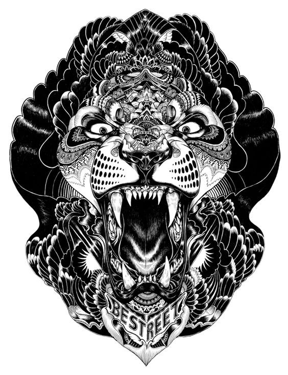 Vicious black-ink leopard in gorgeous decorations tattoo design