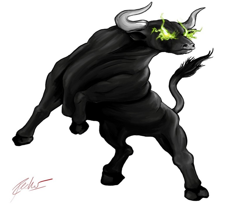 Vicious black bull with green shining eyes tattoo design by Peter Russel