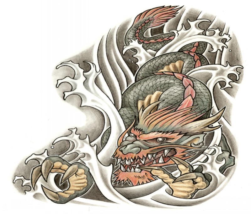 Dragão colorido vicioso que nada no projeto tattoo da tomada de água