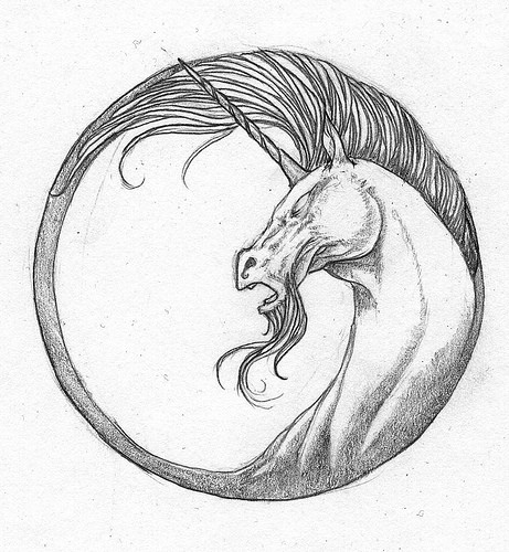 Vicious grey-ink pencilwork unicorn in circle frame tattoo design