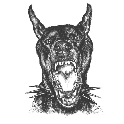 Vicious grey barking doberman in spiny collar tattoo design
