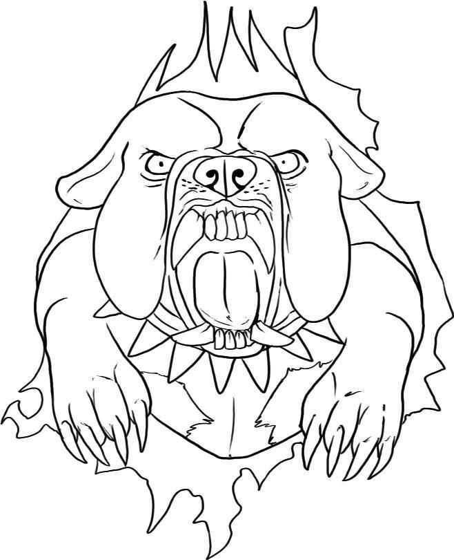 Vicious outline bulldog tearing from paper bakground tattoo design