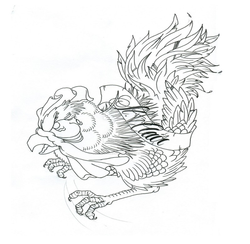 Vicious outline rooster curled with banner tattoo design by Pulverised Fetus