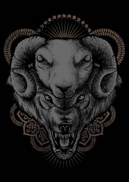 Vicious sheep and wolf heads with brown mandala background tattoo design