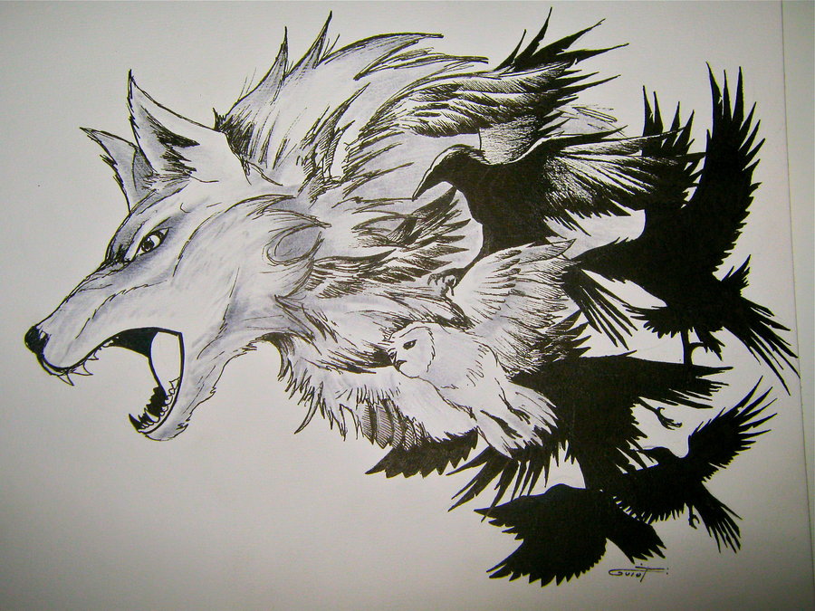 Vicious white wolf with black-and-white birds tattoo design
