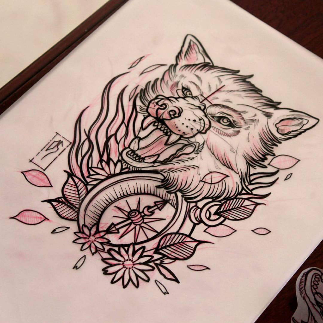 Vicious wolf and compass in red shine tattoo design