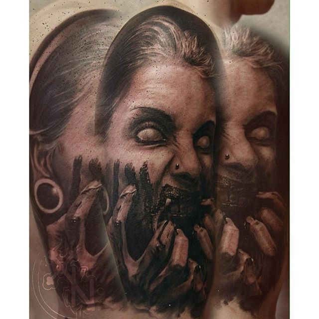 Tatuaggio dettagliato del braccio della donna demoniaca in stile vintage con occhi bianchi