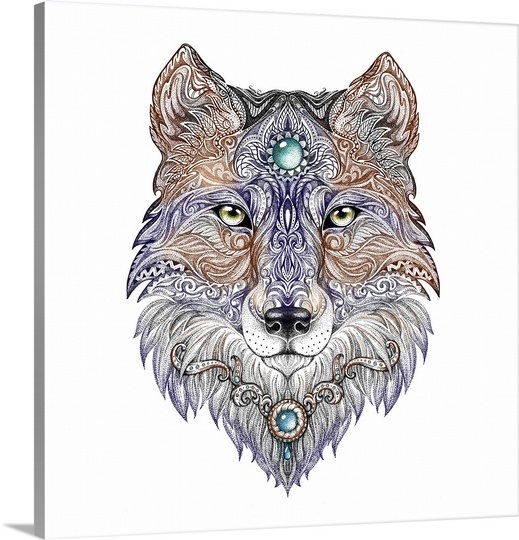 Violet-and-brown wolf head with gems tattoo design