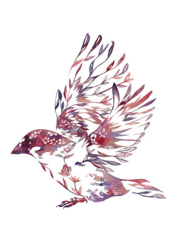Violet flowered flying sparrow tattoo design