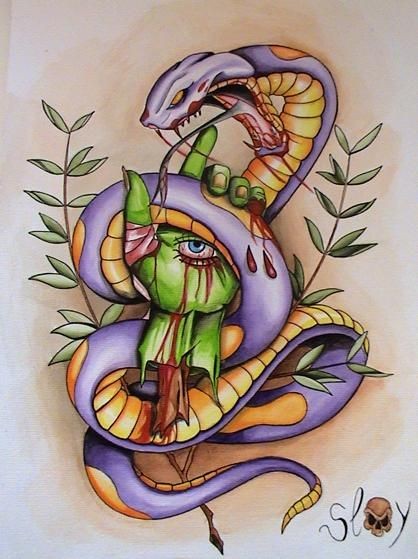 Violet snake curled around green zombie hand tattoo design