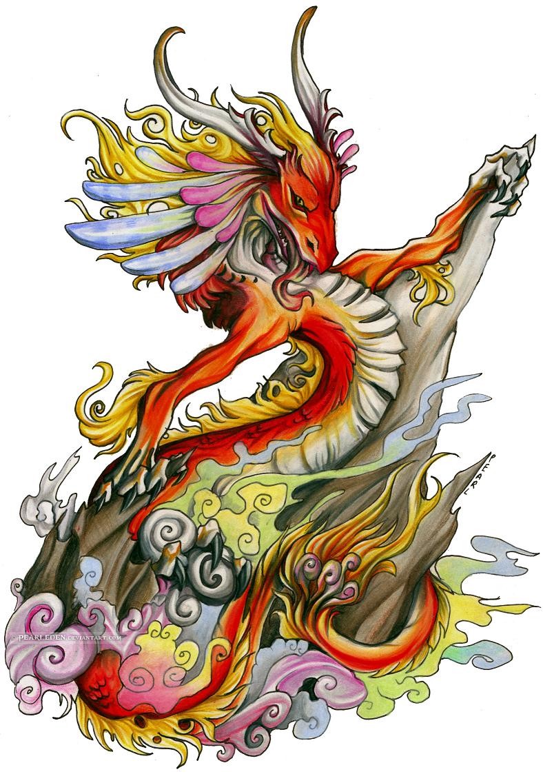 Dragão de cores vivas posando perto do desenho de tatuagem de rocha por Pearleden