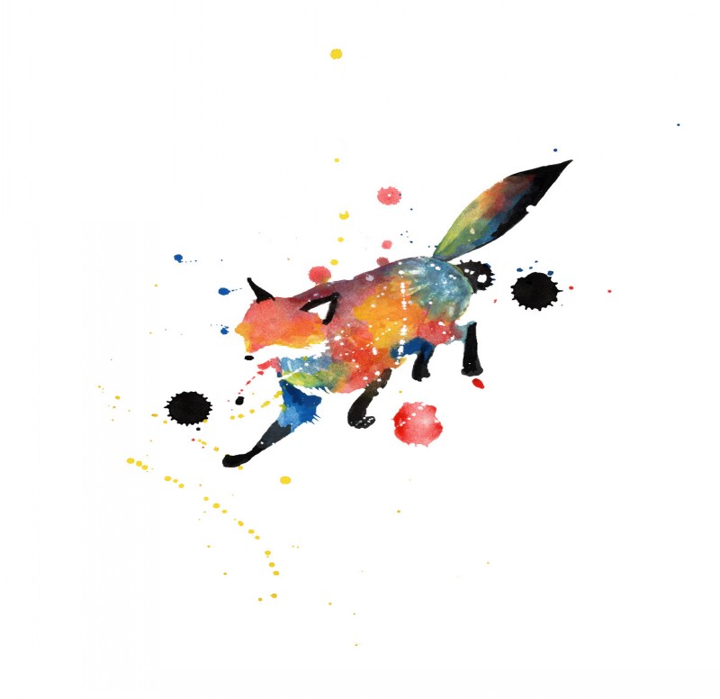 Vivid watercolor fox in spots tattoo design
