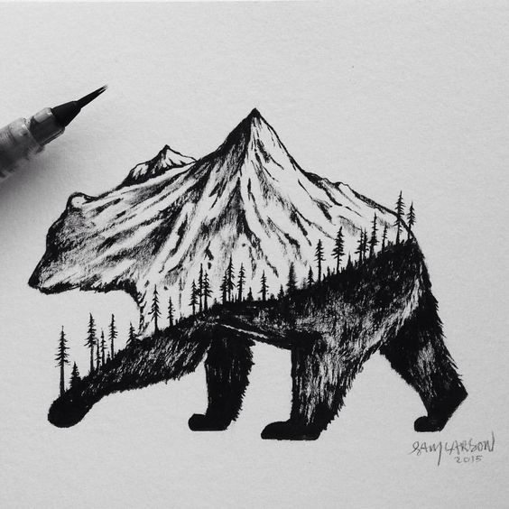 Walking bear with forest and mountain ornament tattoo design