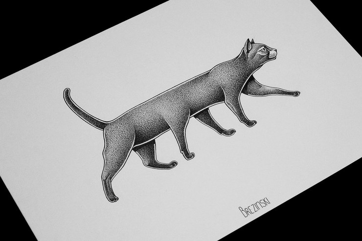 Walking dotwork six-leged cat tattoo design