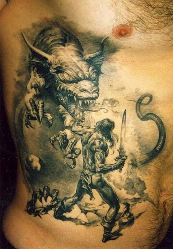 Warrior fighting with a dragon tattoo on rib side
