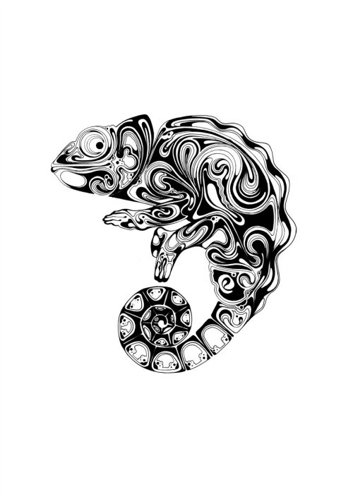 Wary black-ink chameleon with blurred print tattoo design