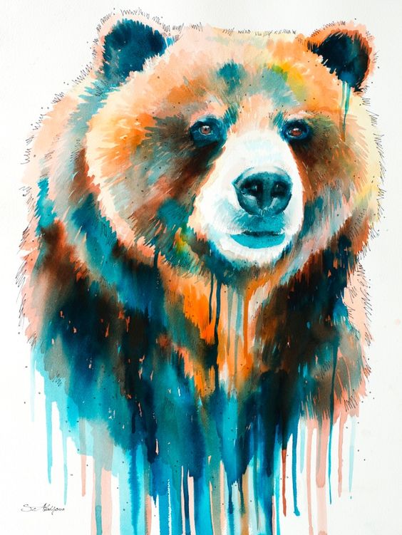 Watercolor bear portrait in smudges tattoo design