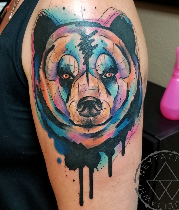 Watercolor bear tattoo on shoulder