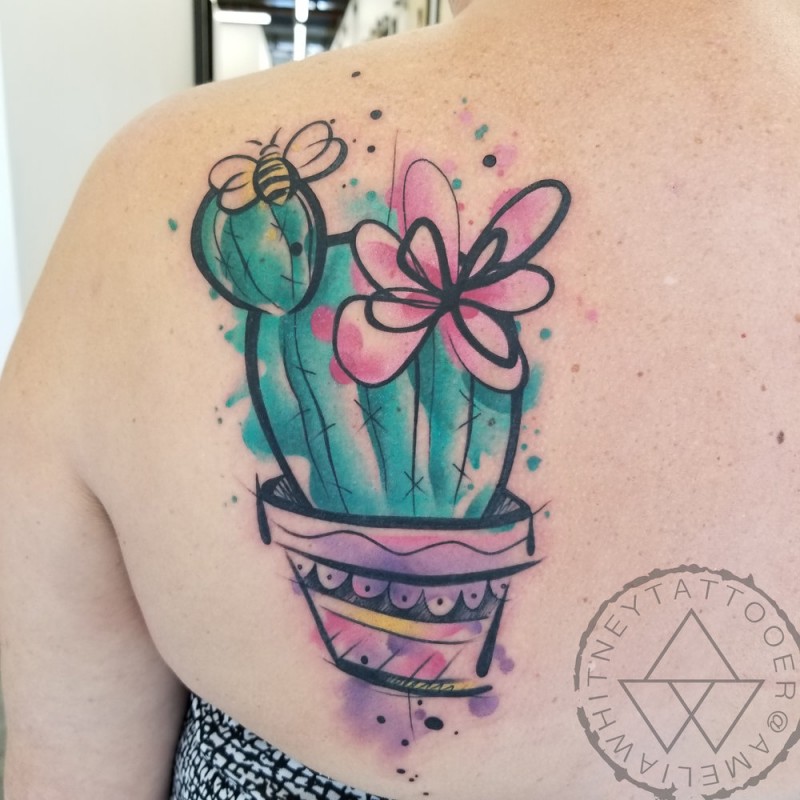 Watercolor cactus tattoo on shoulder