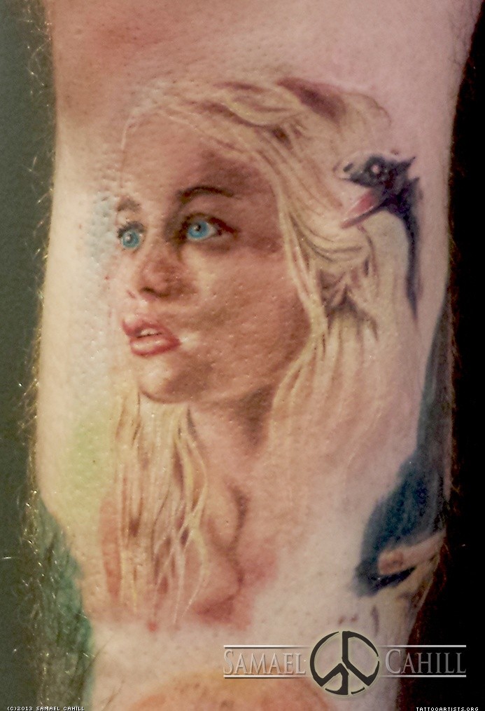 Aquarell Drachenkönigin mit Drachen Tattoo von Samael Cahill