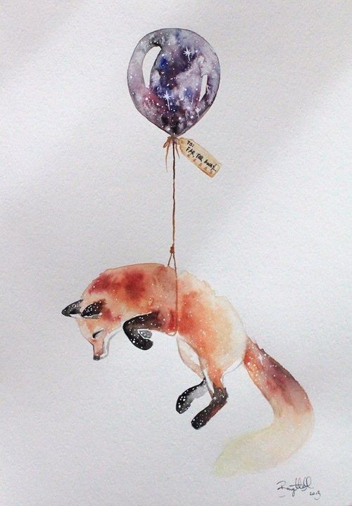 Watercolor fox flying by cosmo balloon tattoo design