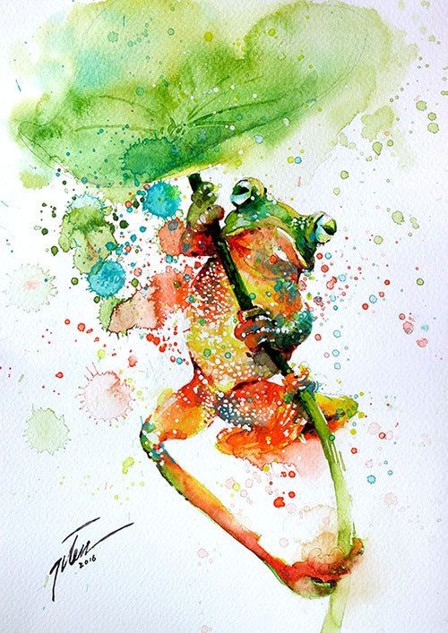 Watercolor frog keeping a burdock tattoo design