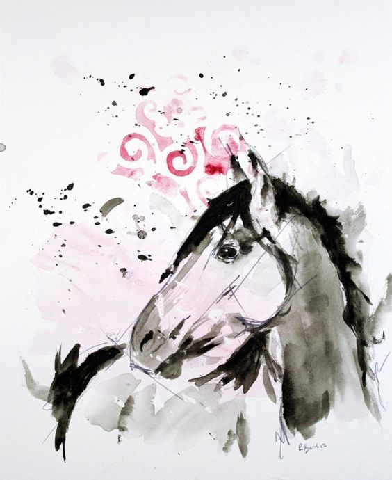 Watercolor horse on red curl background tattoo design