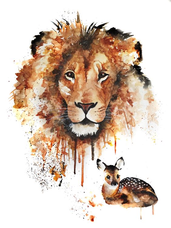 Watercolor lion and a little fawn tattoo design