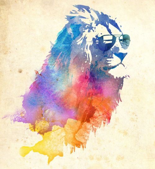 Watercolor lion in sunglasses tattoo design
